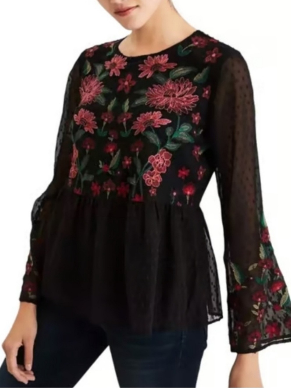 American Eagle Outfitters Black Sheer Floral Embroidered Peplum Blouse Size XS